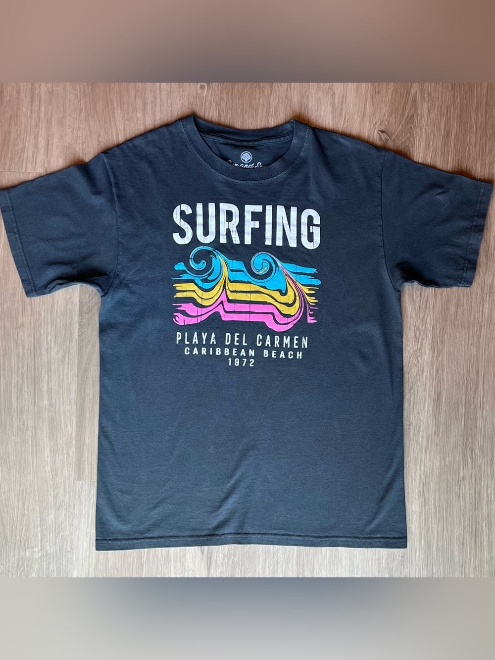 Retro Sun and Sea Playa Del Carmen Mexico Surfing Graphic Tee Medium Gray